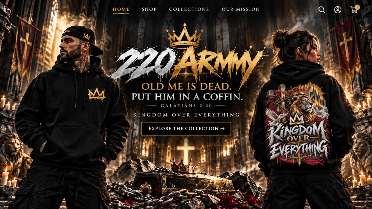 220 ARMMY cathedral campaign, with a man wearing the crown hoodie and a woman showing its Kingdom Over Everything back artwork