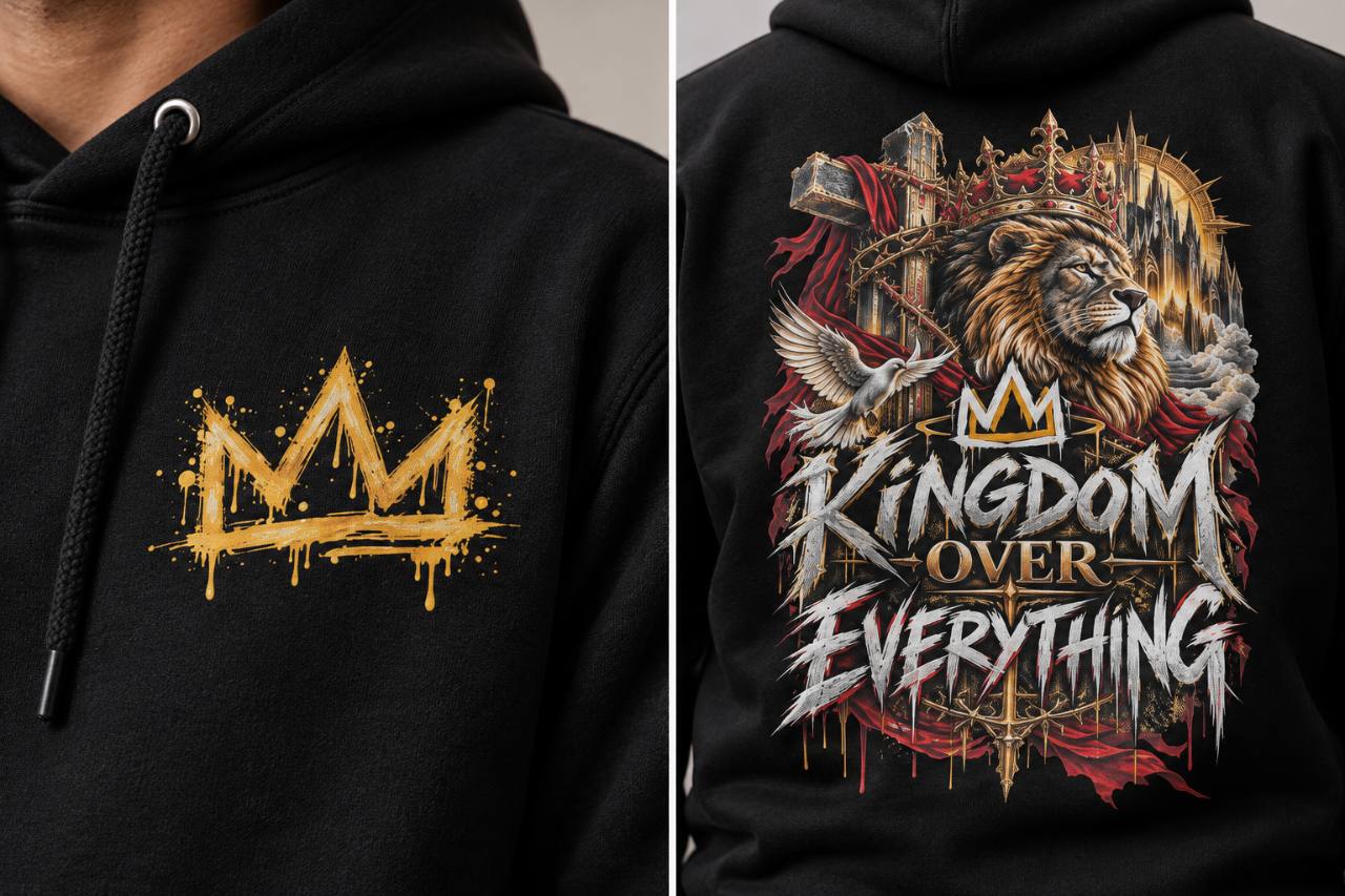 220 ARMMY hoodie mockup: gold crown chest detail and Kingdom Over Everything back artwork
